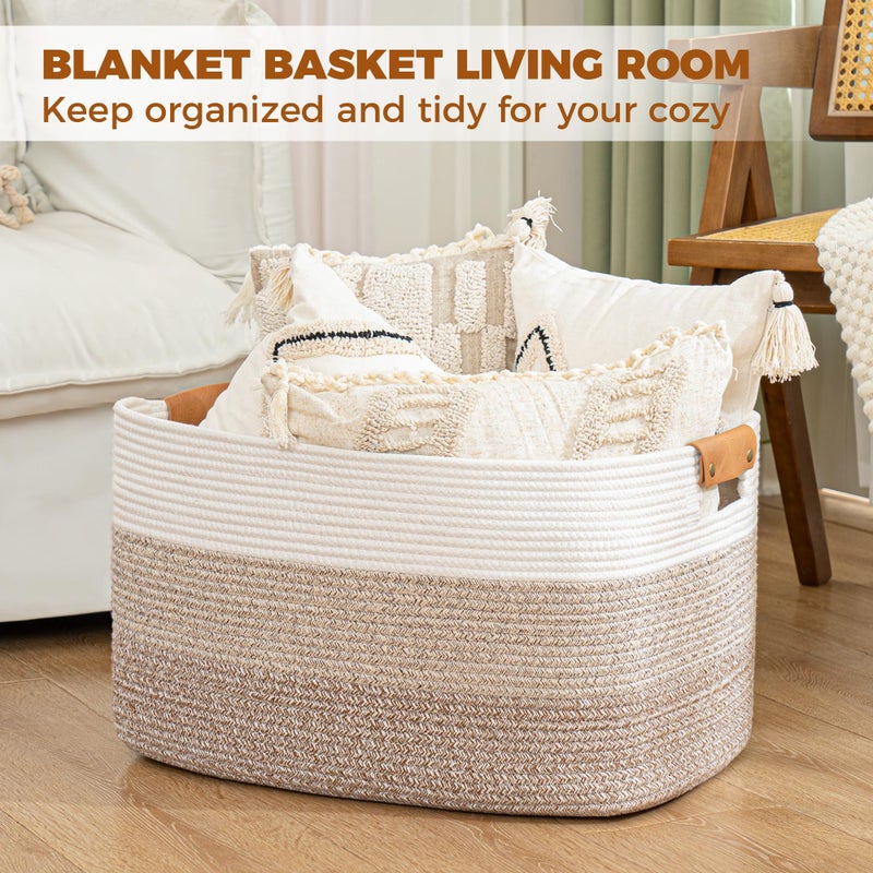 danpinera 108L Large Blanket Basket for Living Room  Woven Storage Basket with Leather Handles  Cotton Rope Storage Organization in Nursery for Toys & Clothes 25 ''* 16 ''*16 ''  Gradient Brown - Image 4